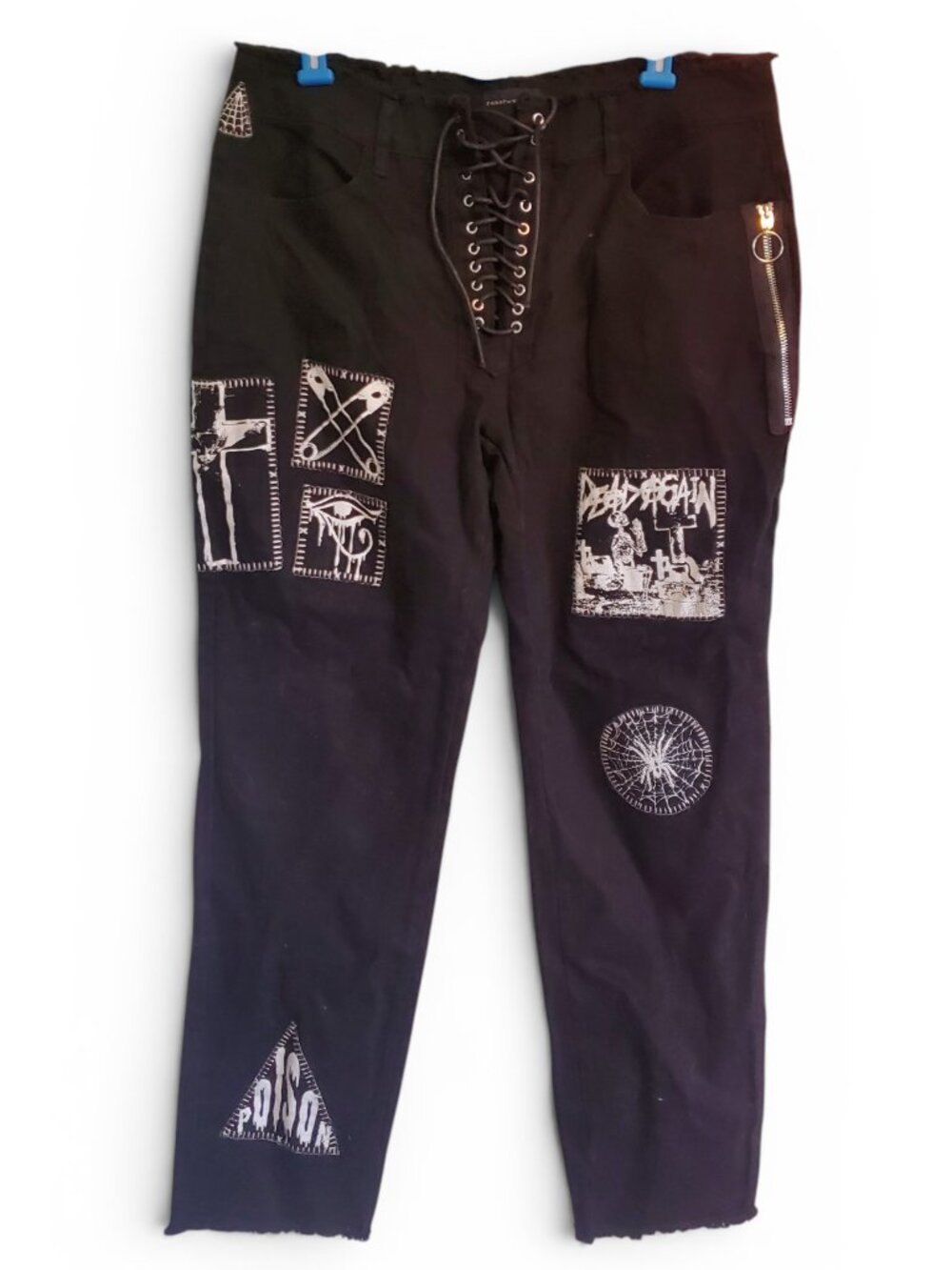 Dolls Kill Current Mood Jeans Black Lace Up Sz XXL Gothic Punk Patchwork Pants